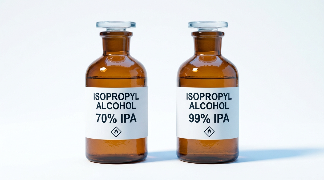 Porovnání 70% a 99% isopropylalkoholu — dvě laboratorní lahve