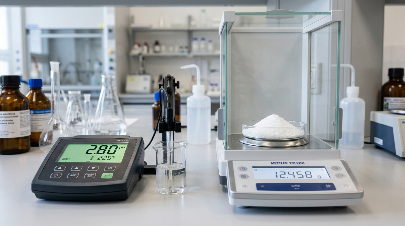 Krystaly L-askorbové kyseliny v laboratorní misce vedle digitálního pH metru